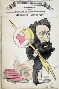 Jules Verne pinçant la terre à sa plume - par Gill, dans "Les hommes d