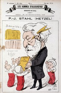 Portrait-charge de Pierre Jules Hetzel offrant les œuvres de Stahl (son pseudonyme) aux tout-petits, « Les Hommes d