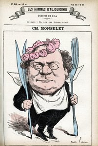 Portrait de Charles Monselet (1825-1888), poète, journaliste, romancier et gastronome français. Caricature par Gill, dans « Les Hommes d