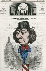 Portrait de Virginie Déjazet (1798-1875), actrice française dans le rôle de Bonaparte. Caricature de Gill, dans "La Lune", 10 novembre - Andre Gill