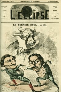 Le dernier duel, Prosper-Olivier Lissagaray (1838-1901) et Paul Granier de Cassagnac (1842-1904) voulant être aussi grands que des bœufs, représentant Alfred de Musset et Victor Hugo. Couverture dans "L