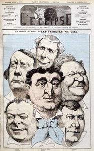 Les portraits de Léonce, Berthelier, Poppy Cadet, Dupuis, Pradeau et Baron, auteurs de théâtre. Caricature de Gill dans « L