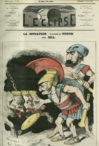 La situation, caricature par Adolphe Thiers (1797-1877) et Léon Gambetta (1838-1882) donnant un ministère aux chiens royalistes et bonapartistes. Couverture de « L