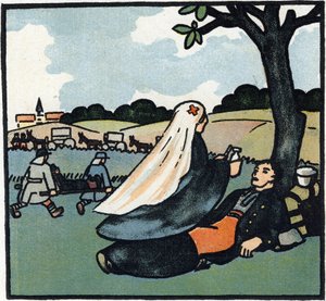Première Guerre mondiale 1914-1918 : Infirmière de la Croix-Rouge venant soigner les soldats jusqu