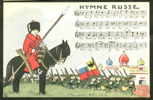 Carte postale satirique en couleurs : Hymne russe - Guerre de 14-18, Russie, Chant - Soldats Illustration par André Hellé (1875-1945) - Andre Helle