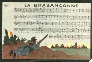 Carte postale, satirique en couleurs, vers 1915: La brabançonne - Guerre de 14-18, Belgique, Chant - Illustration de soldats par André Hellé (1875-1945) - Andre Helle