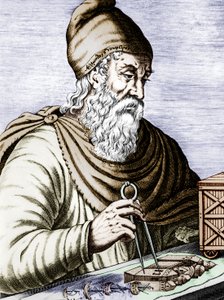 Archimède (287-212 av. J.-C.), physicien et mathématicien sicilien grec, document colorisé en gravure