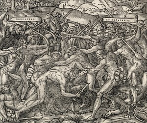 Bataille entre les tribus Margageaz et Tabajares, gravure de Cosmologie Universelle, par André Thevet - Andre Thevet