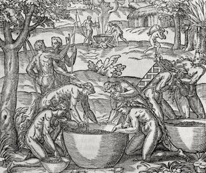 Cap de Frie, femmes préparant de la nourriture, gravure, Amérique du Sud - Andre Thevet