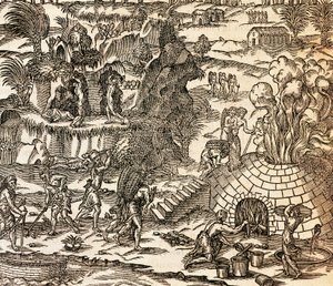 Esclaves indiens travaillant dans une mine à Cuba, Illustration de la Cosmographie par André Thevet, gravure - Andre Thevet