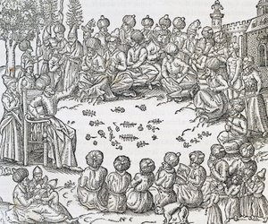 Rencontre entre Turcs et Arabes, Maroc, gravure de la Cosmologie Universelle, par André Thevet, Paris
