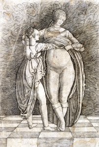 Une jeune fille déshabille une femme. Gravure d