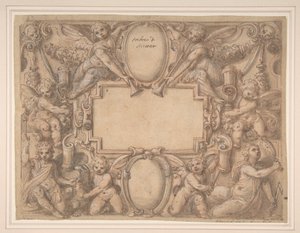 Un cartouche et deux boucliers entourés de figures allégoriques - Andrea Lilli