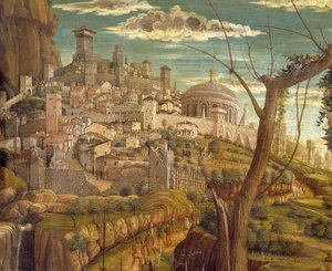 Agonie dans le jardin par Andrea Mantegna (1431-1506), tempera sur bois, 71x94 cm, vue de Jérusalem (détail)