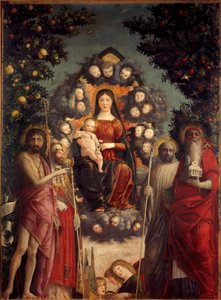 Retable Trivulzio « La Sainte Conversation » La Vierge et Jésus-Christ représentés dans une mandorle. Ils sont entourés de Saint Jean-Baptiste, du Pape Saint Grégoire Ier le Grand (540-604), de Saint Jérôme (portant une église et des livres), de Saint Beno