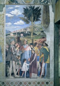 Arrivée du Cardinal Francesco Gonzaga, accueilli par son père Marchese Ludovico Gonzaga III (règne 1444-78) et ses frères, de la Camera degli Sposi ou Camera Picta, 1465-74 (détail) - Andrea Mantegna