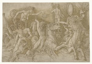 Combat entre satyres chevauchant des hippocampes et vieille femme personnifiant l