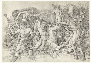Combat entre des satyres chevauchant des hippocampes et une vieille femme personnifiant l