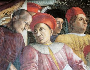 Ludovico Gonzaga et le conseiller Marsilio Andreasi (détail du mur de la cour) - Andrea Mantegna