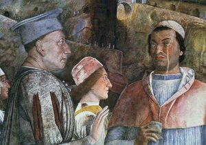 Marchese Ludovico Gonzaga III de Mantoue (règne 1444-78) accueillant son fils le Cardinal Francesco Gonzaga, de la Camera degli Sposi ou Camera Picta, 1465-74 (détail)