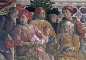 Marchese Ludovico Gonzaga III de Mantoue (règne 1444-78), sa femme Barbara de Brandebourg, enfants et courtisans, de la Camera degli Sposi ou Camera Picta, 1465-74 (détail) - Andrea Mantegna