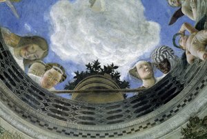 Oculus du plafond de la Maison des Époux, Palais Ducal de Mantoue, Italie (Camera degli Sposi, Palazzo Ducale, Mantova) : détail de figures allégoriques et putti. Fresque par Andrea Mantegna (1431-1506)