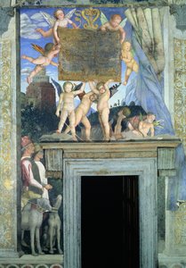 Putti avec des ailes de papillon soutenant la plaque dédicatoire avec des chiens de chasse et leurs maîtres en dessous, de la Camera degli Sposi ou Camera Picta, 1465-74 (détail)