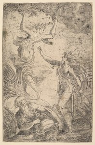 Apollon à droite tenant un arc poursuivant Daphné à gauche - Andrea Schiavone
