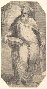 Saint Simon debout, soutenant un livre sur sa cuisse droite, de 