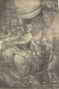 La Sainte Famille, un ange tenant des fleurs approchant par la droite, ca. 1550-53 - Andrea Schiavone