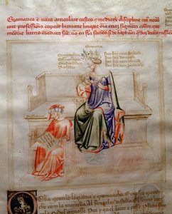 Allégorie de la Grammaire dans « Chansonne des sept Vertus et des sept Arts libéraux destinée à Bruzio Visconti » (La Canzone delle Virtù e delle Scienze) par Bartolomeo di Bartoli. Aquarelle d