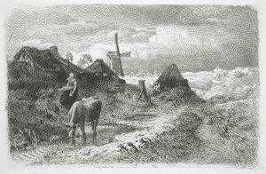 Paysage avec des chaumières et un moulin à vent