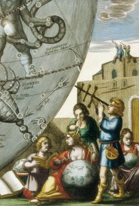Scientifiques (astrologues et astronomes) étudiant des globes et la carte du ciel, détail de l