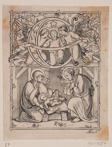 Initiales avec représentations de la signification et de la naissance de Jésus