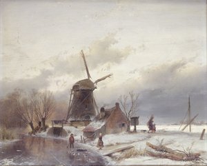 Paysage de rivière gelée avec un moulin à vent - Andreas Schelfhout