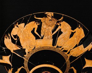 Aux pieds de la déesse Athéna, deux guerriers grecs tirent au sort les armes et l