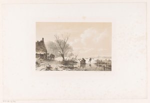 Patineurs et homme avec traîneau sur une rivière gelée - Andreas Schelfhout