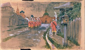 Patrouille de strelets à la porte Ilyinsky dans le vieux Moscou - Andrei Petrovich Ryabushkin