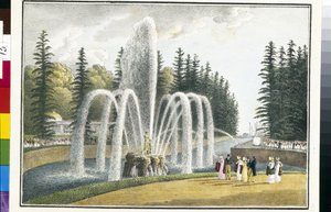 Vue de la fontaine Samson dans les jardins du haut à Peterhof en Russie