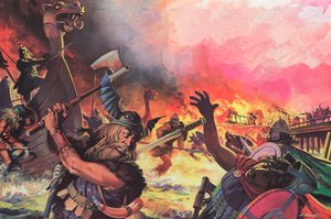 Paris attaqué par les Vikings (lithographie couleur)