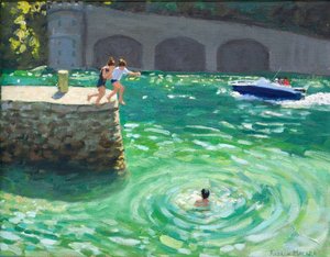 Sauter du mur du port, Looe, Cornouailles (huile sur toile)