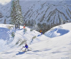 Trois skieurs, Kitzbuehel, Autriche, 2024 (huile sur toile) - Andrew Macara
