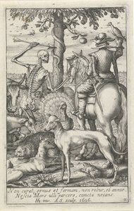 Squelette avec flèche et fauconnier, au milieu des animaux - Andries Jacobsz. Stock