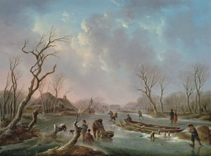 Patineurs sur une rivière gelée - Andries Vermeulen