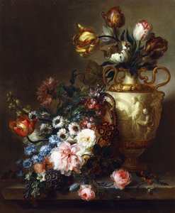 Tulipes dans un vase et roses dans un panier sur un rebord de pierre - Ange Louis Guillaume Lesourd Beauregard