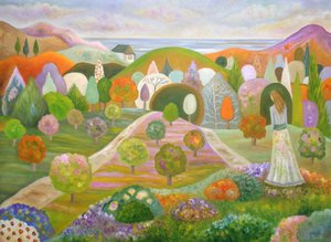 Une femme dans un jardin fantaisiste