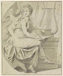 Amour inspire une jeune femme, qui pince une lyre d