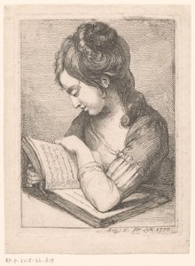 Jeune femme lisant à une table, son coude reposant sur un livre
