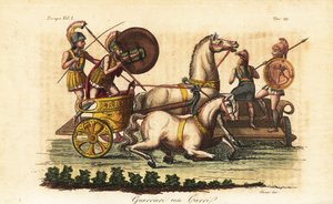 Guerriers grecs anciens avec des boucliers peints chevauchant un biga ou un char à deux chevaux - Angelo (after) Monticelli