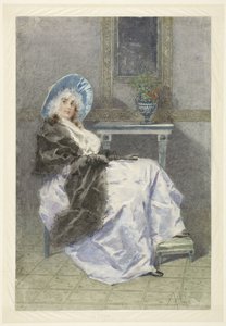 Jeune femme assise avec un châle noir et une jupe violette - Angelo Achini